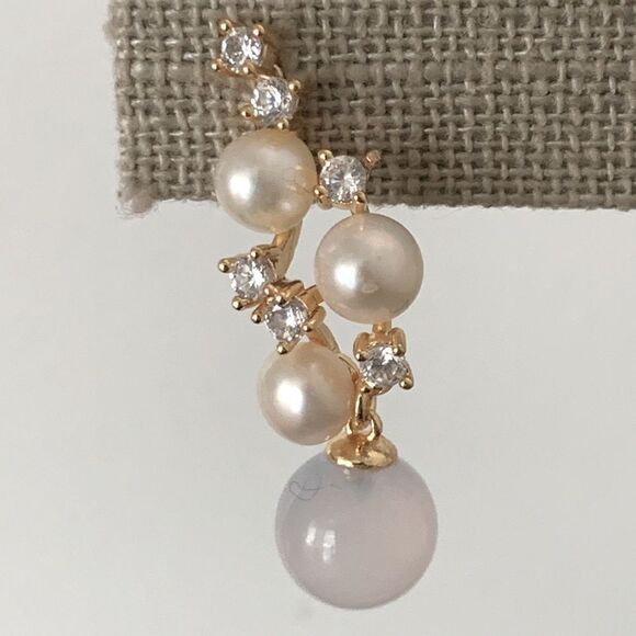 Purple Chalcedony & Real Pearl Drop Earrings with Rhinestones Vintage Style Gift - Picture 7 of 8